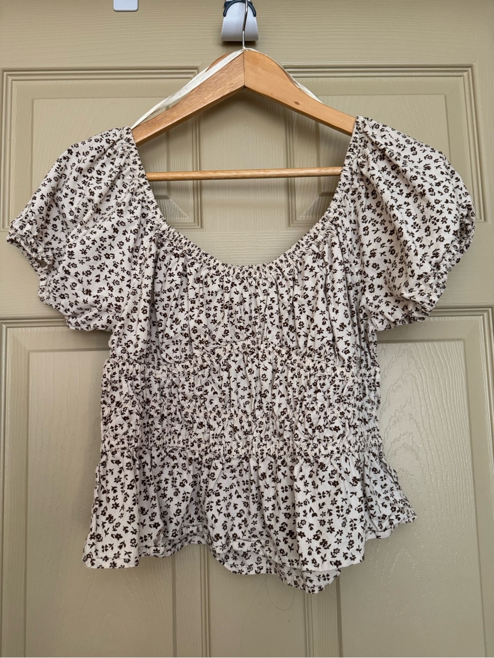 Women’s Floral Smocked Peasant Top - Cream with Brown Floral Print